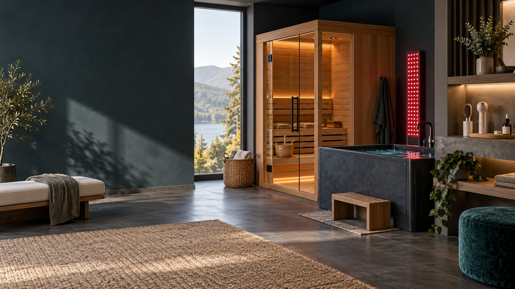 Illustration of a home wellness space with a sauna and cold plunge
